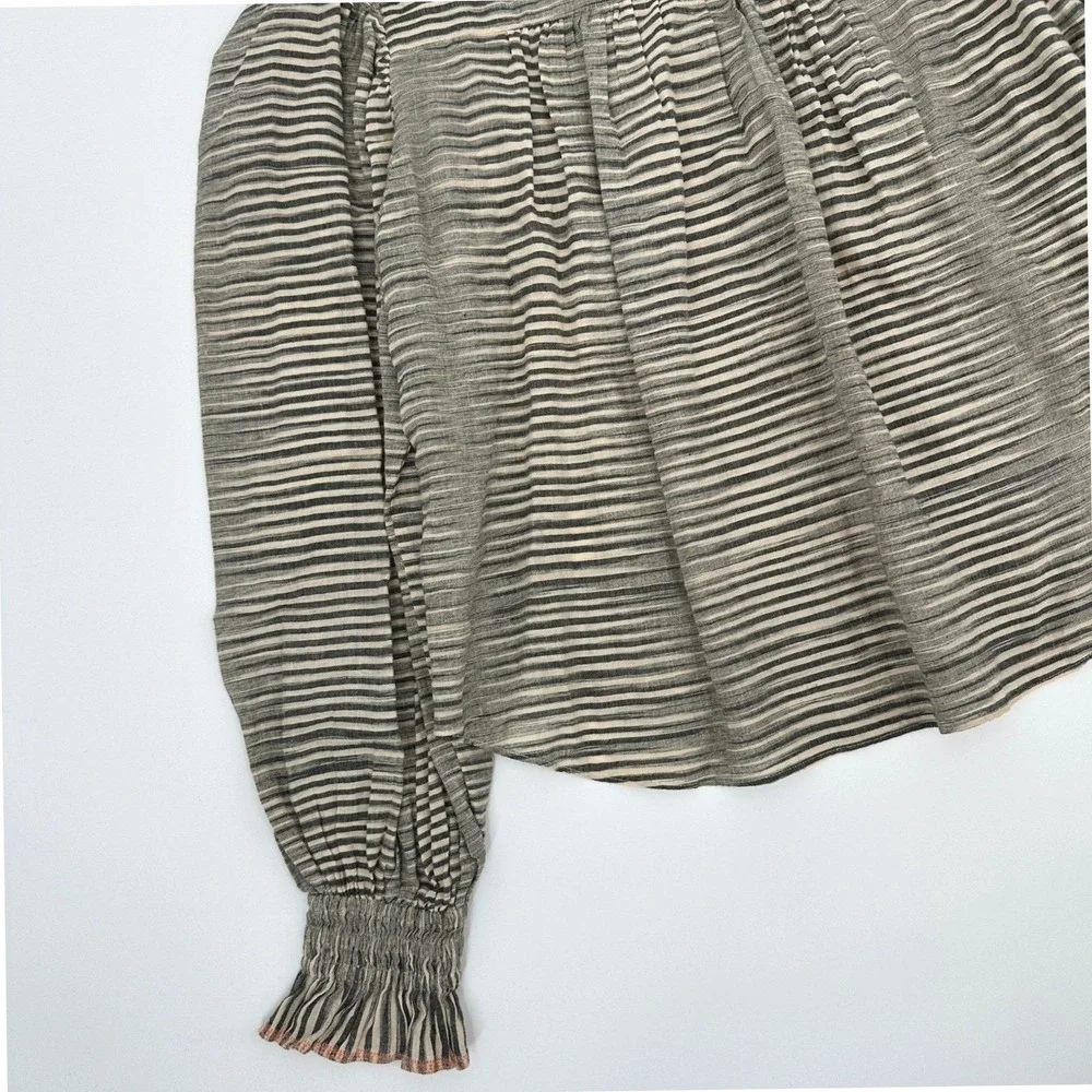 Ulla‎ Johnson Finley Blouse Striped Cotton Puff Sleeve Smocked Cuff Size 4 Small